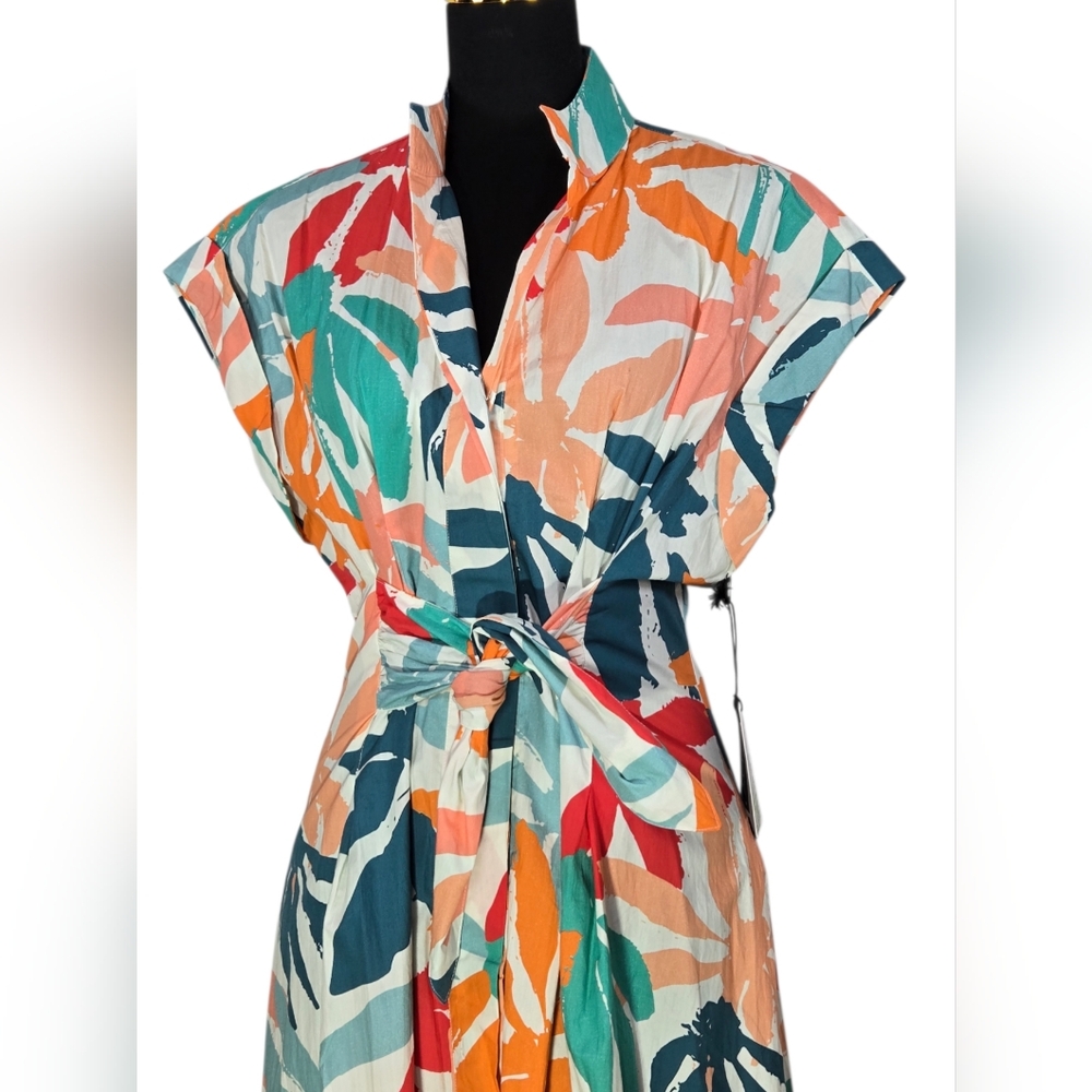 AP.NY Tropical Floral Midi Shirt Dress with Tie Waist - Multicolor - Picture 4 of 14
